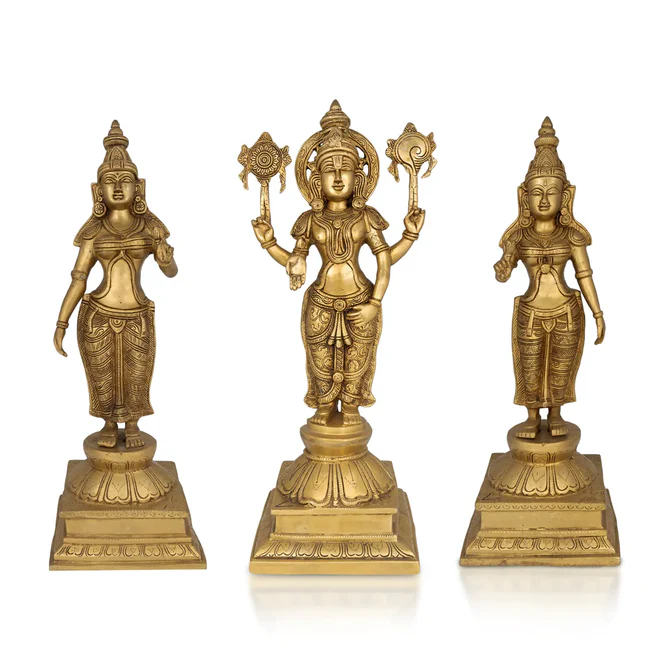 Perumal Sridevi Bhudevi Murti - 23.5 x 10.5 Inches - Antique Brass